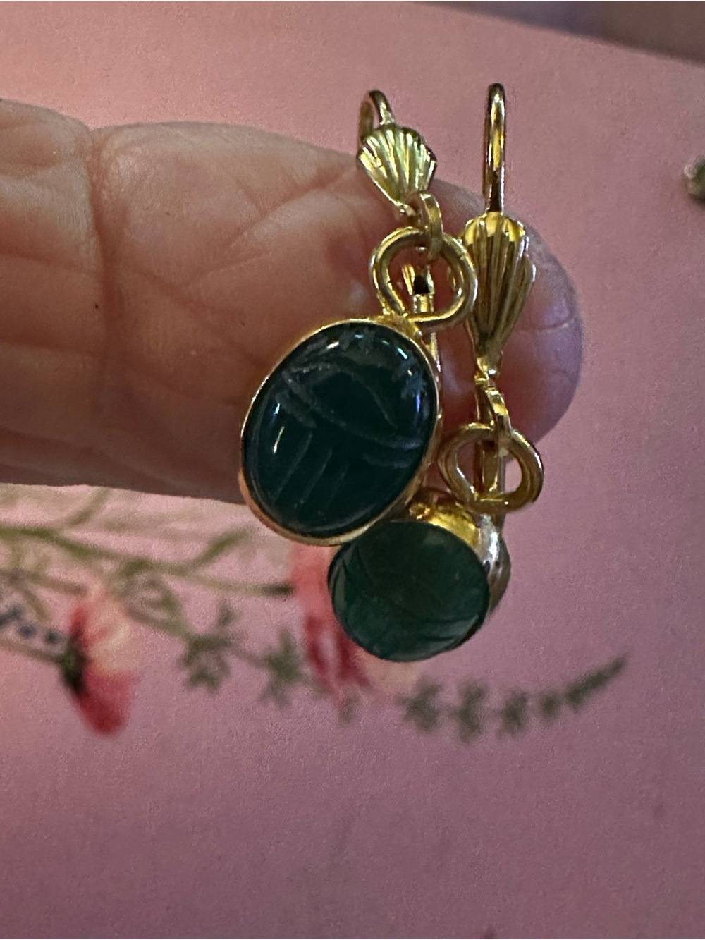 Gold Drop Earrings with Dark Green Oval Stone Scarab Unbranded